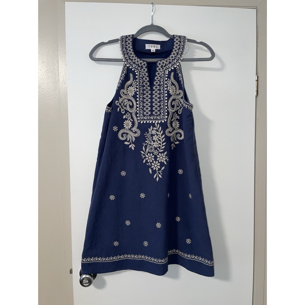 THML Sleeveless Navy With White Embroidery V Neck Small Sheath Dress Lined